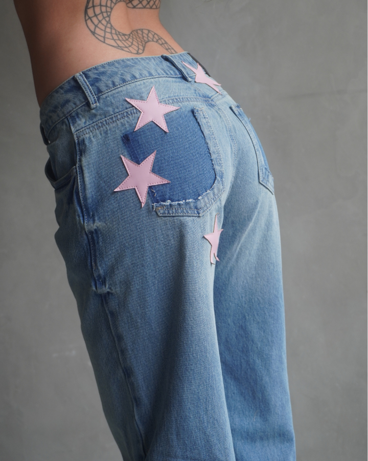 JEAN RECTO PINK STARS RETRO AZUL