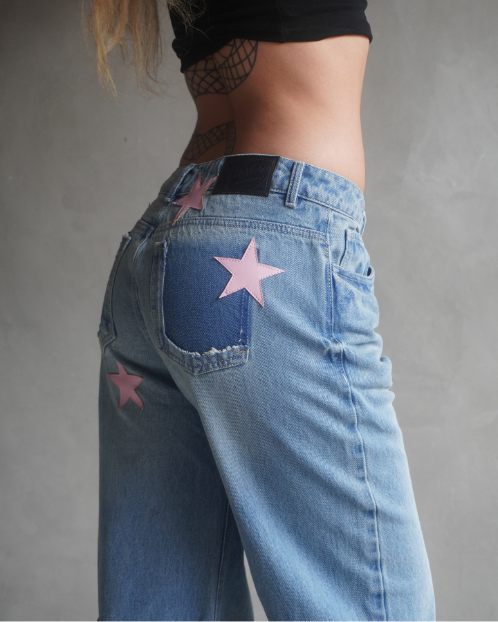 JEAN RECTO PINK STARS RETRO AZUL