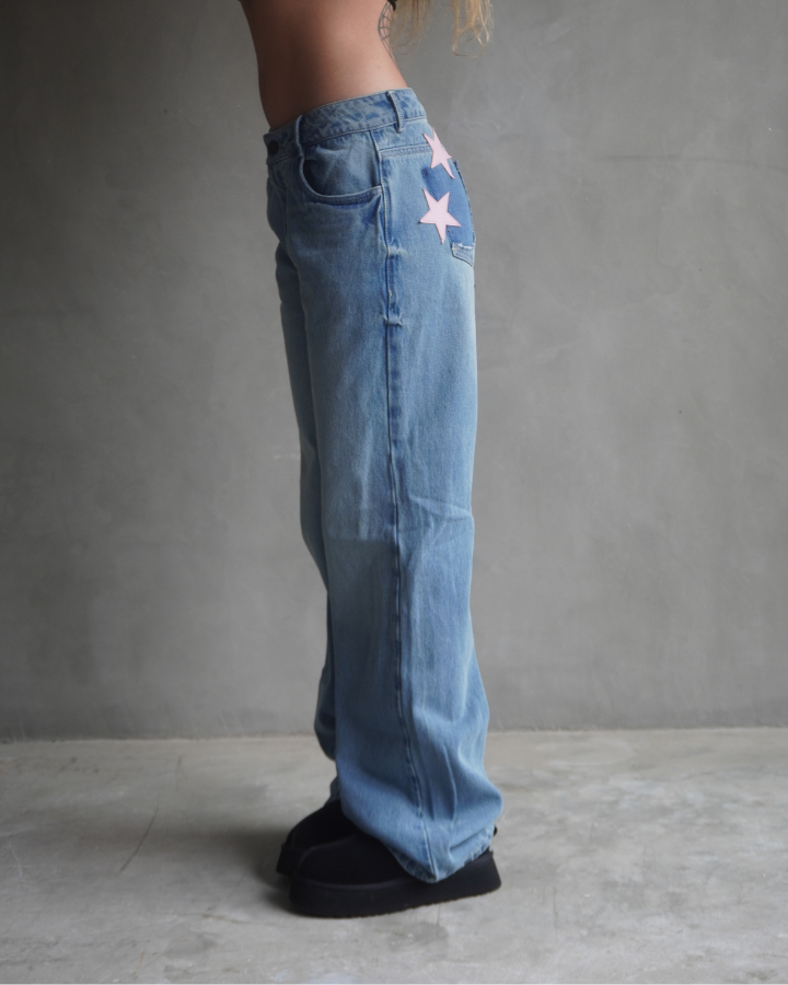 JEAN RECTO PINK STARS RETRO AZUL