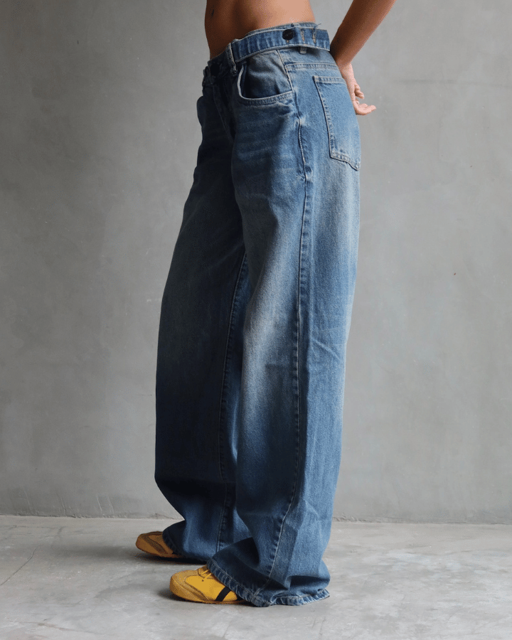 JEAN LOW WIDE FIT TIRO BAJO CINTURA AJUSTABLE AZUL