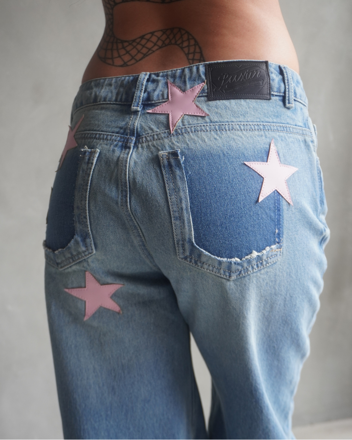JEAN RECTO PINK STARS RETRO AZUL