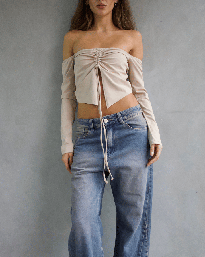 TOP RUCHED OFF SHOULDER BEIGE