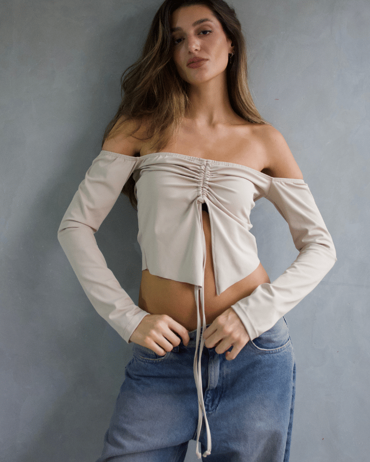 TOP RUCHED OFF SHOULDER BEIGE
