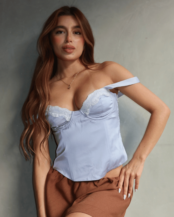 TOP CORSET BLUSHBOUND AZUL CON ENCAJE BLANCO