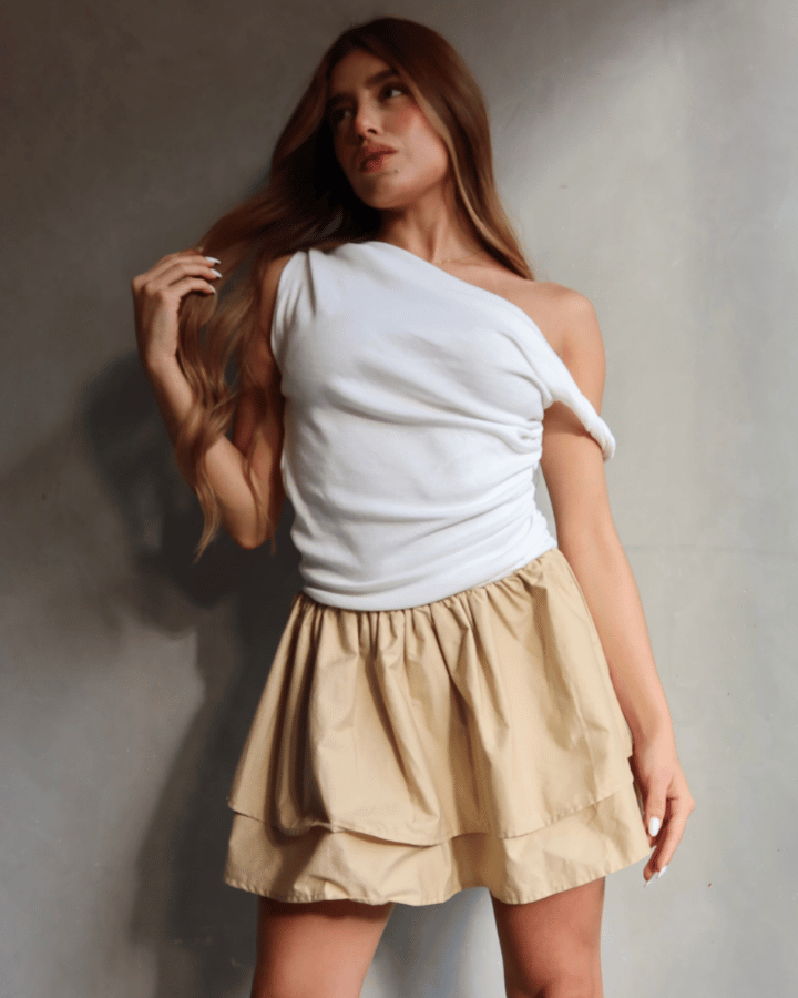 VESTIDO TWO-TONE RUSH MINI DRESS ASIMÉTRICO BLANCO/BEIGE
