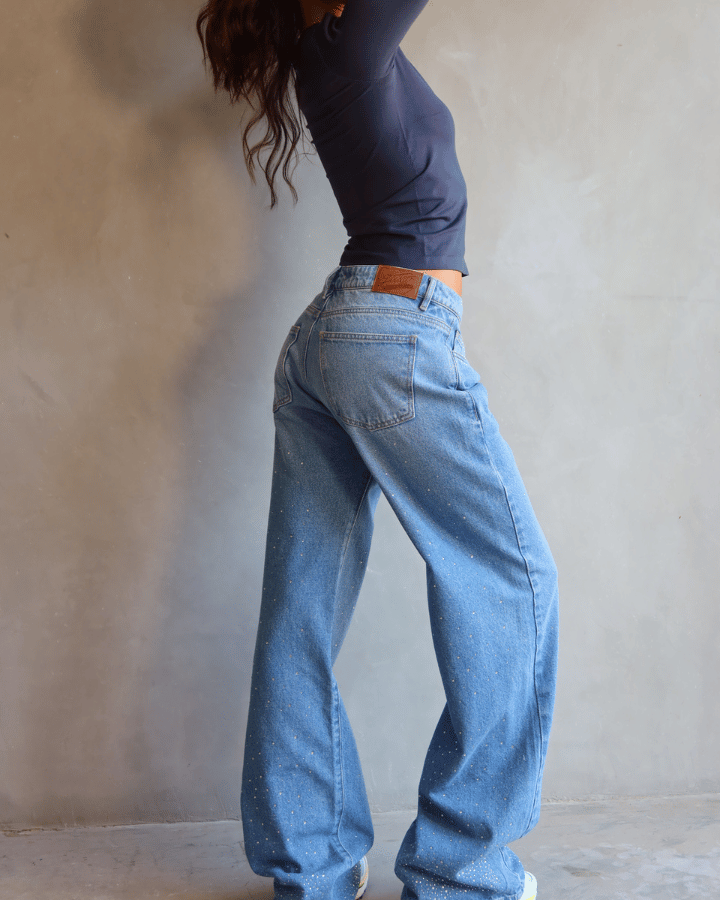 JEAN ANCHO BRILLOS AZUL