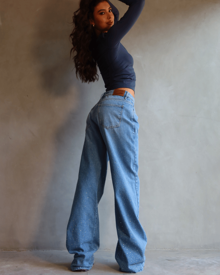 JEAN ANCHO BRILLOS AZUL