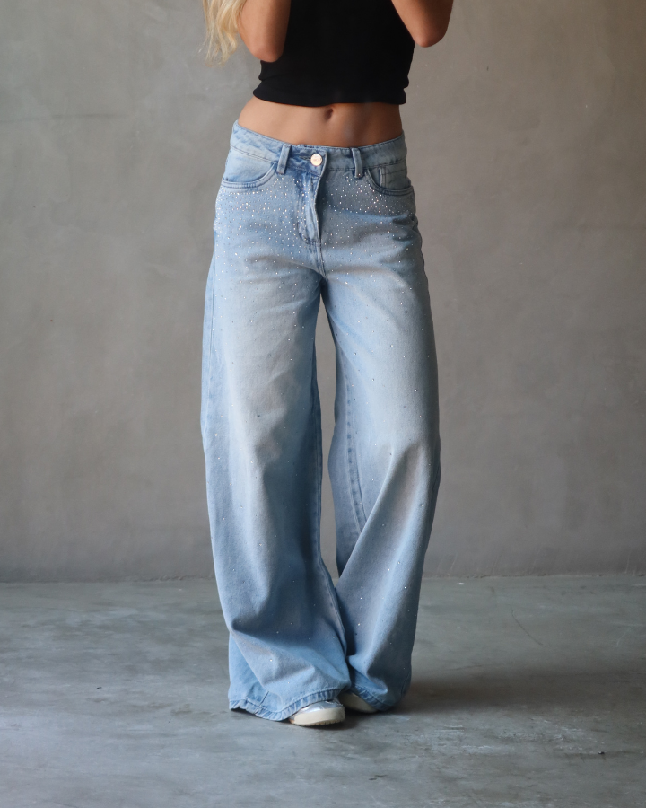 JEAN WIDE LEG FIT BRILLOS FADE AZUL CLARO