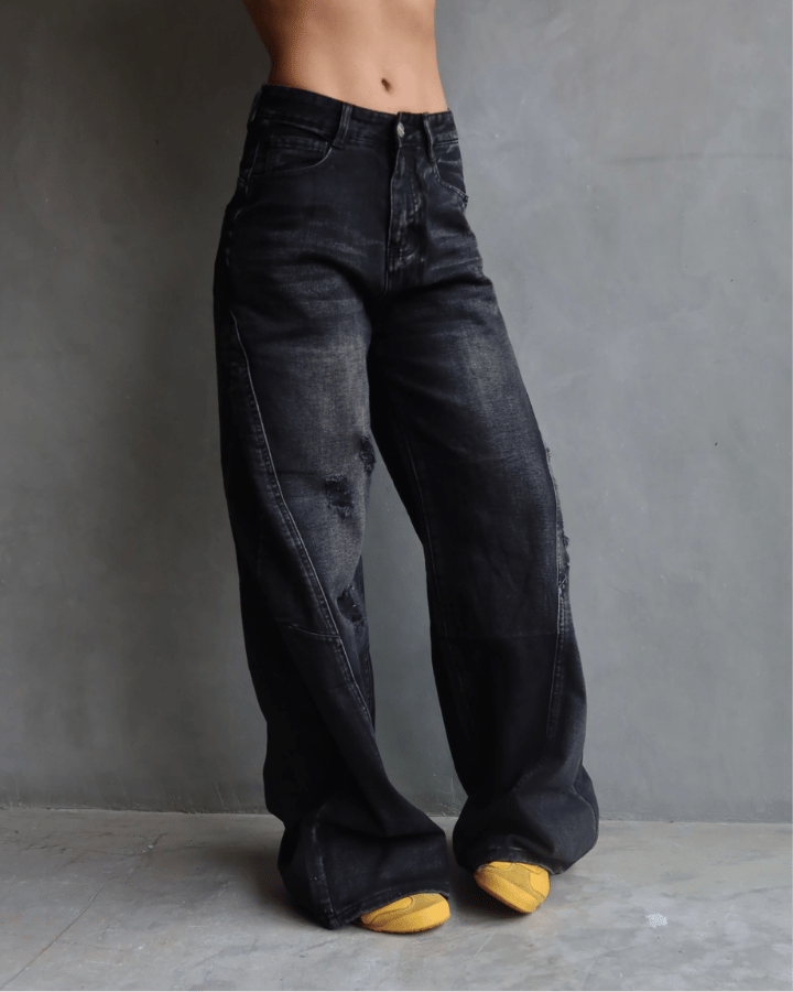 JEAN WIDE LEG TIRO ALTO ROCKSTAR NEGRO CON ROTOS