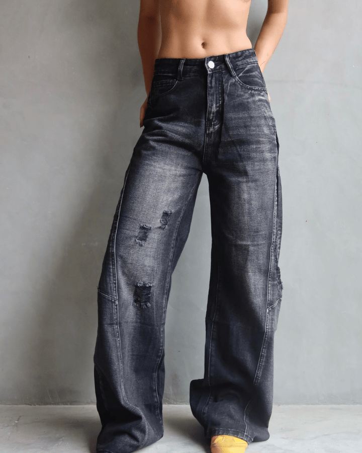 JEAN WIDE LEG TIRO ALTO ROCKSTAR NEGRO CON ROTOS