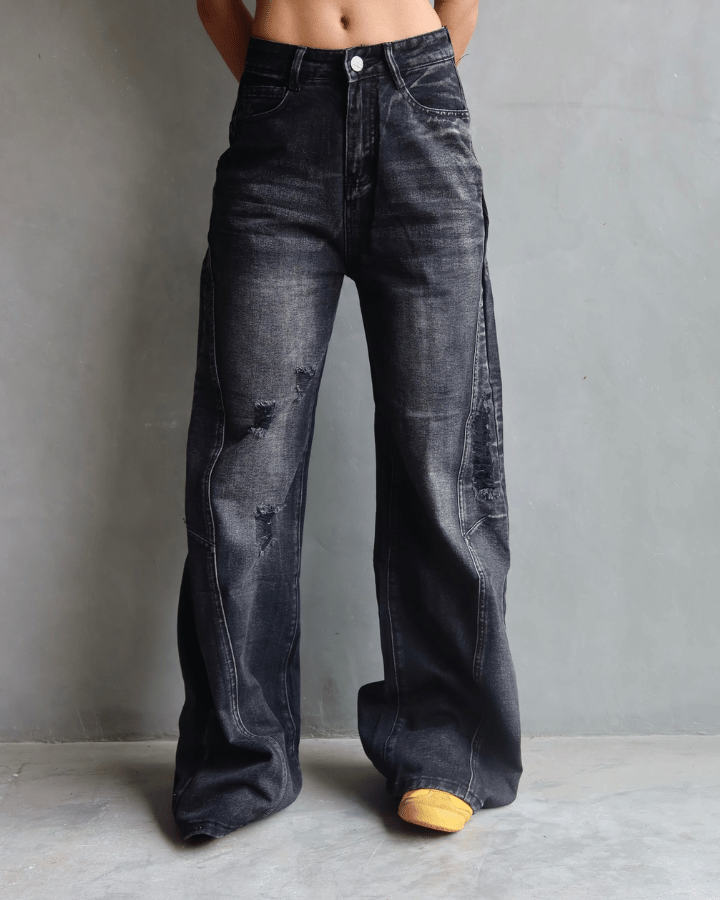 JEAN WIDE LEG TIRO ALTO ROCKSTAR NEGRO CON ROTOS