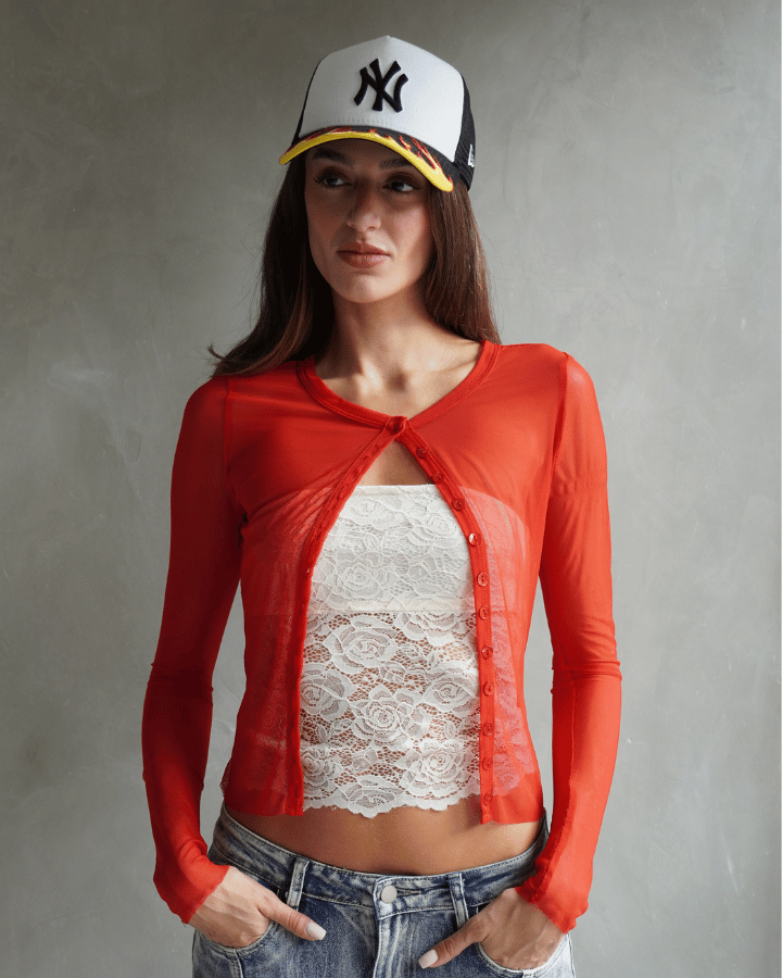 CÁRDIGAN KATE MANGA LARGA MESH ROJO