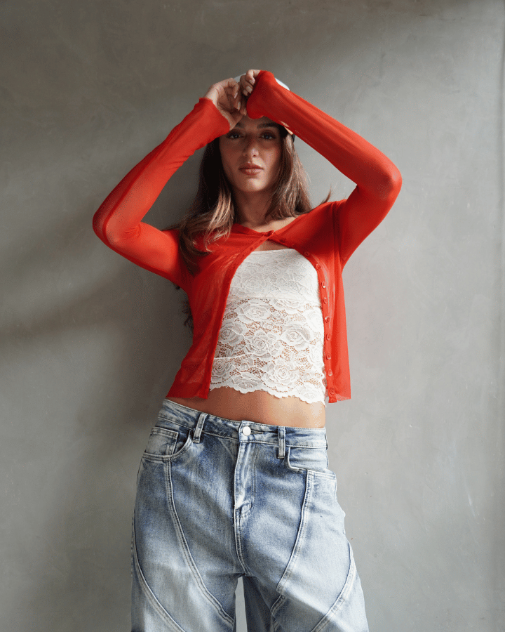 CÁRDIGAN KATE MANGA LARGA MESH ROJO