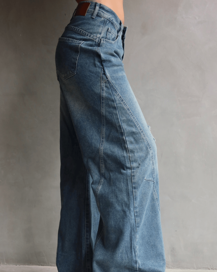 JEAN WIDE LEG TIRO ALTO ROCKSTAR AZUL CON ROTOS