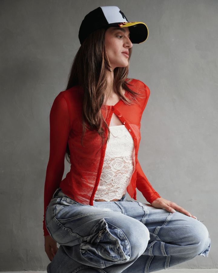 CÁRDIGAN KATE MANGA LARGA MESH ROJO