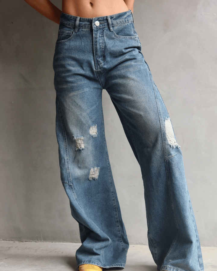 JEAN WIDE LEG TIRO ALTO ROCKSTAR AZUL CON ROTOS