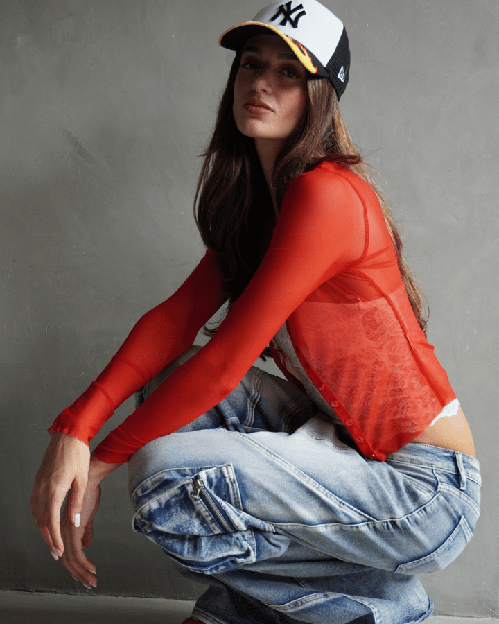 CÁRDIGAN KATE MANGA LARGA MESH ROJO
