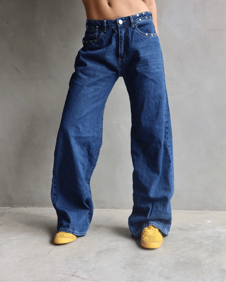 JEAN WIDE LEG NICHE TACHES AZUL