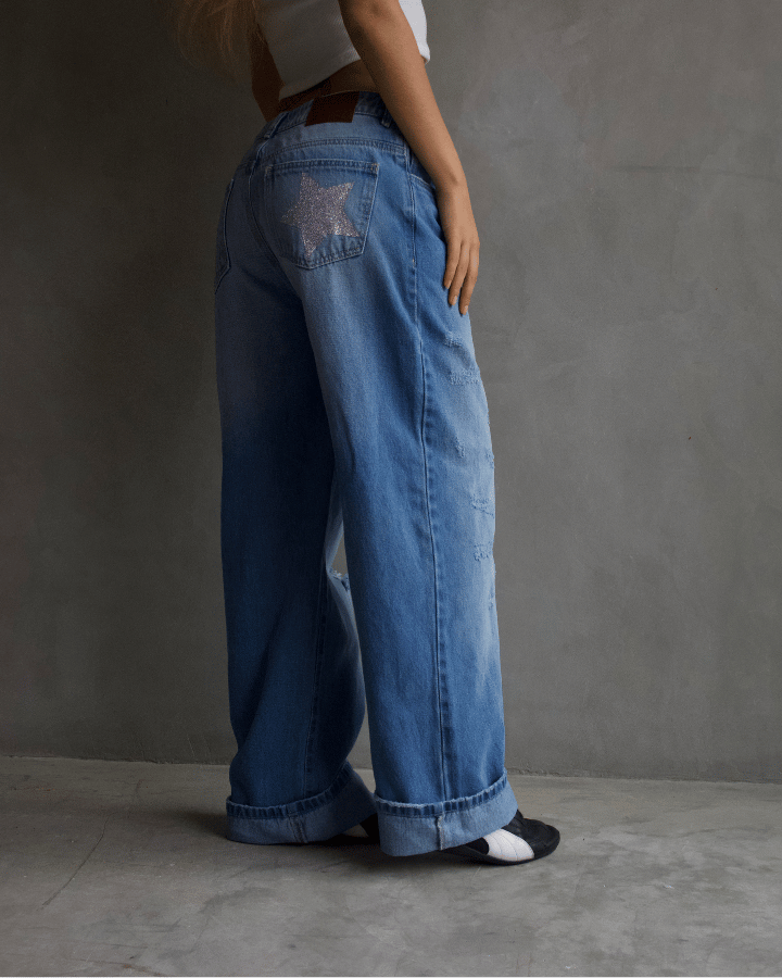 JEAN STRAIGHT ESTRELLAS PLATEADAS AZUL