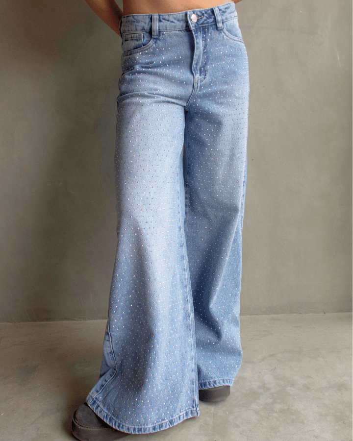 JEAN WIDE LEG FIT BRILLOS AZUL