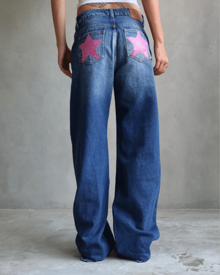 JEAN RELAXED FIT GLITTER STARS BLUE WASHED AZUL