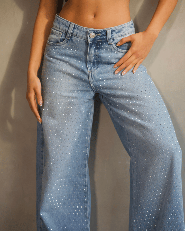 JEAN WIDE LEG FIT BRILLOS AZUL