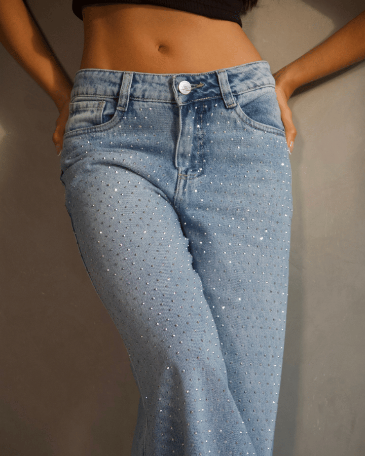 JEAN WIDE LEG FIT BRILLOS AZUL