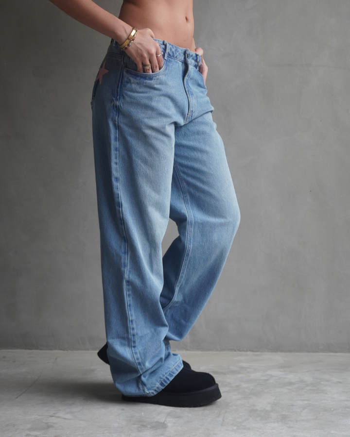 JEAN RECTO PINK STARS RETRO AZUL