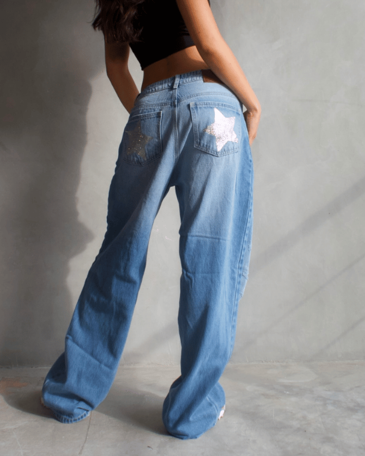 JEAN STRAIGHT ESTRELLAS PLATEADAS AZUL
