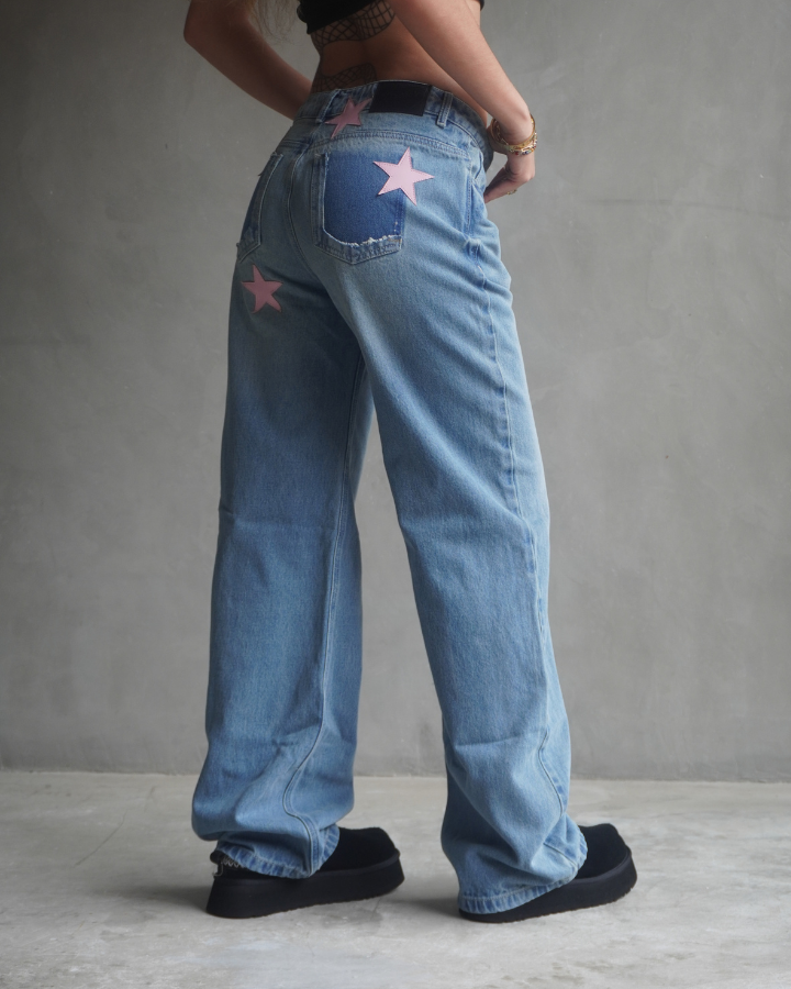 JEAN RECTO PINK STARS RETRO AZUL