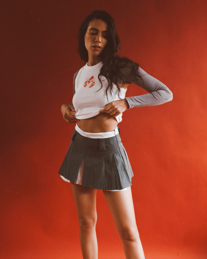 MINI FALDA CYNTHIA DE RAYAS GRIS BLANCO