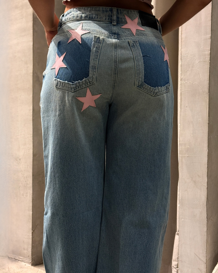 JEAN RECTO PINK STARS RETRO AZUL