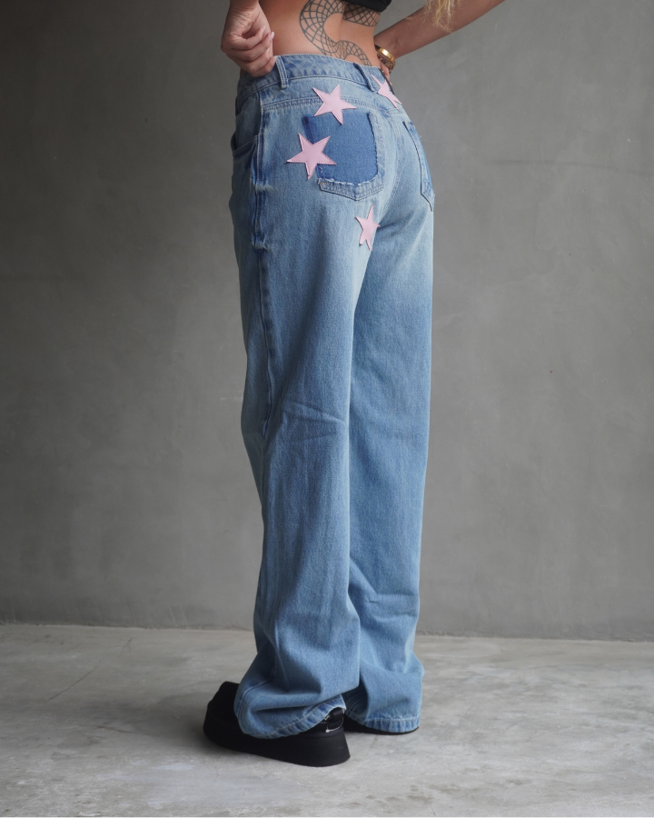 JEAN RECTO PINK STARS RETRO AZUL