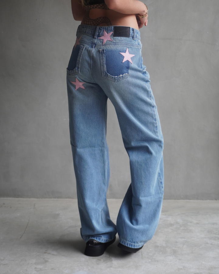 JEAN RECTO PINK STARS RETRO AZUL