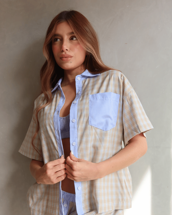 CAMISA DE CUADROS PILLOW TALK OVERSIZED AZUL/NUDE