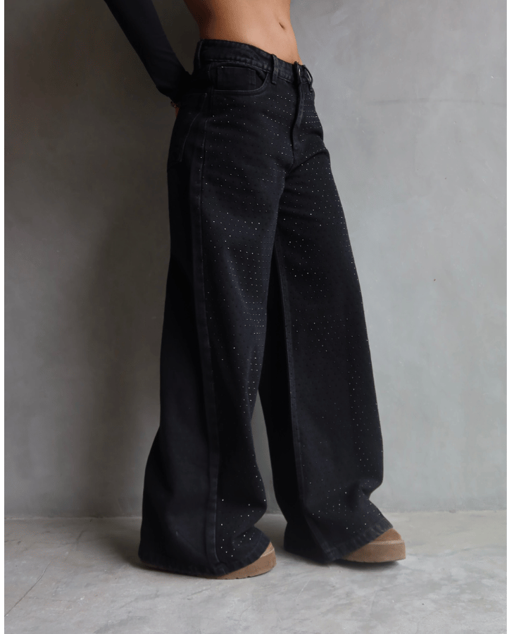 JEAN WIDE LEG FIT BRILLOS NEGRO
