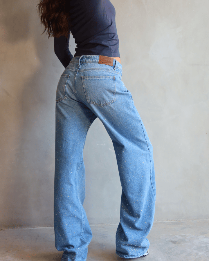JEAN ANCHO BRILLOS AZUL