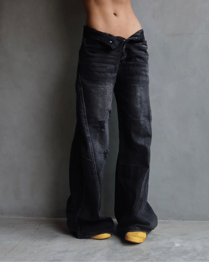 JEAN WIDE LEG TIRO ALTO ROCKSTAR NEGRO CON ROTOS