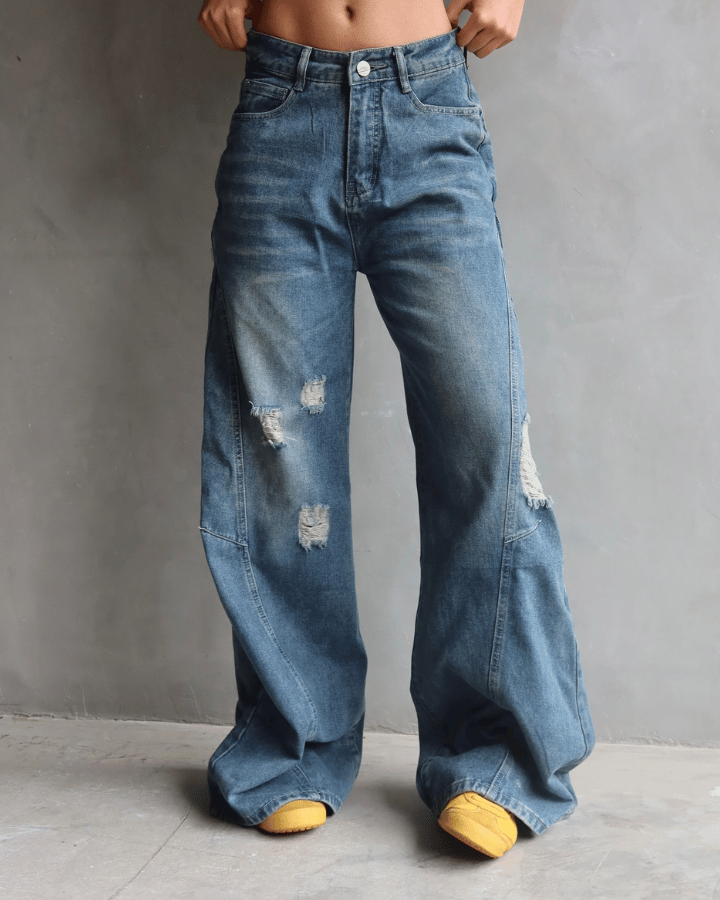 JEAN WIDE LEG TIRO ALTO ROCKSTAR AZUL CON ROTOS