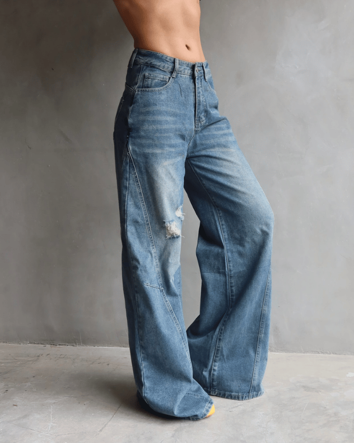 JEAN WIDE LEG TIRO ALTO ROCKSTAR AZUL CON ROTOS