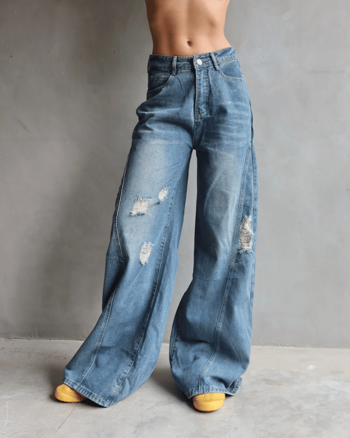 JEAN WIDE LEG TIRO ALTO ROCKSTAR AZUL CON ROTOS