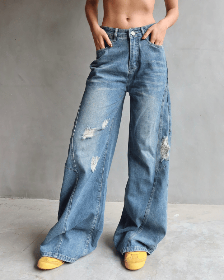 JEAN WIDE LEG TIRO ALTO ROCKSTAR AZUL CON ROTOS