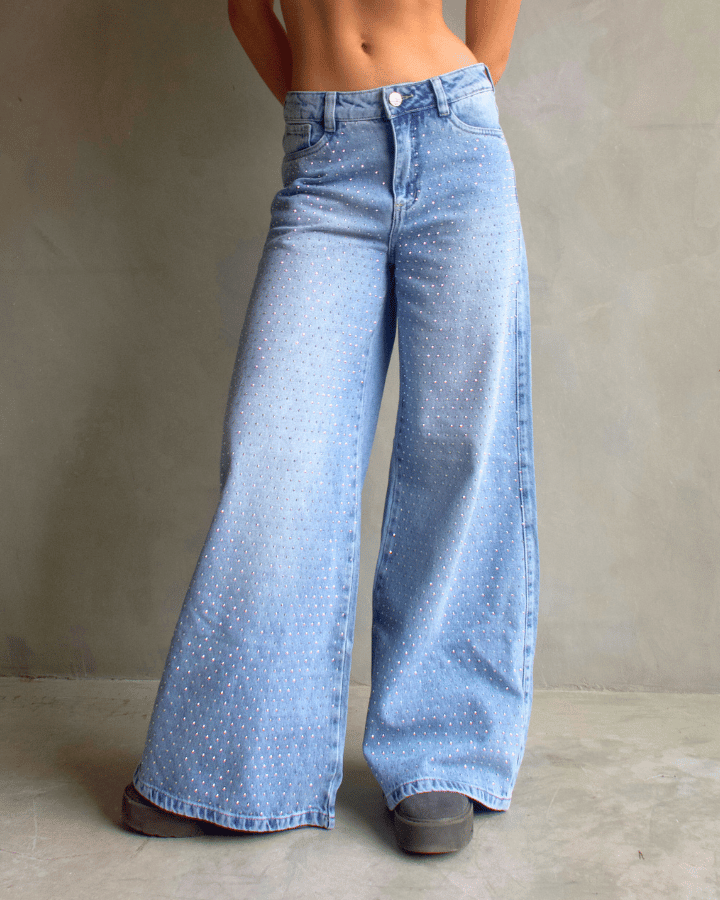 JEAN WIDE LEG FIT BRILLOS AZUL