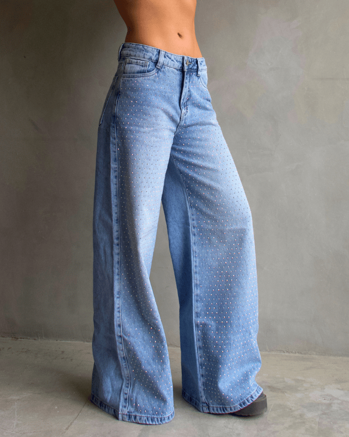JEAN WIDE LEG FIT BRILLOS AZUL