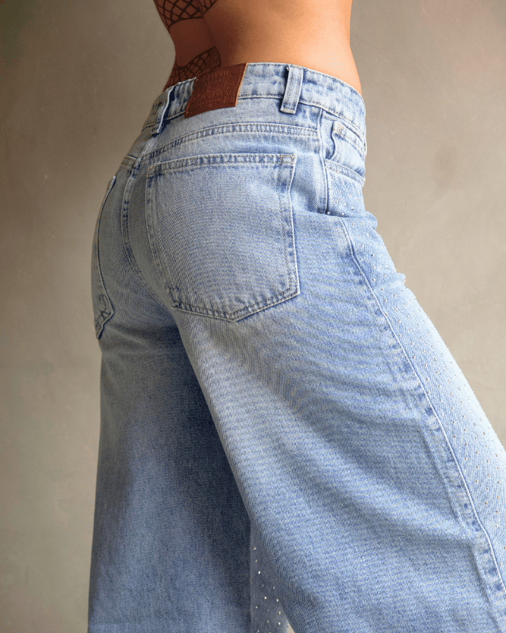 JEAN WIDE LEG FIT BRILLOS AZUL