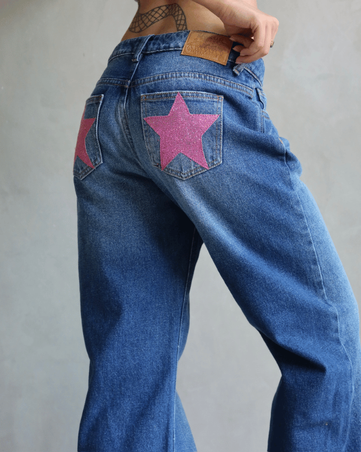 JEAN RELAXED FIT GLITTER STARS BLUE WASHED AZUL