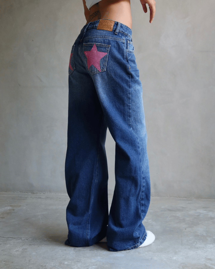 JEAN RELAXED FIT GLITTER STARS BLUE WASHED AZUL
