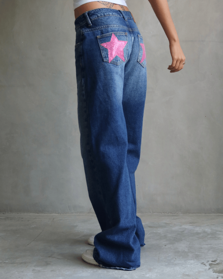 JEAN RELAXED FIT GLITTER STARS BLUE WASHED AZUL