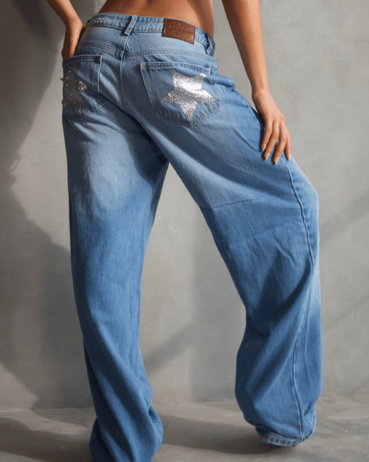 JEAN STRAIGHT ESTRELLAS PLATEADAS AZUL