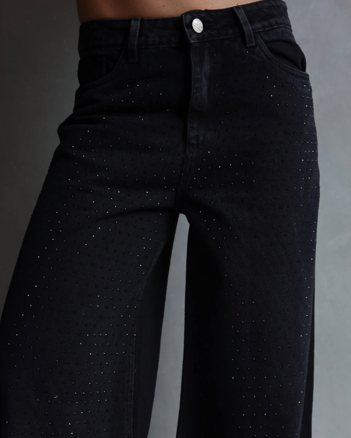 Jeans mujer tiro alto negro brillos Colombia LUXUR Jeans